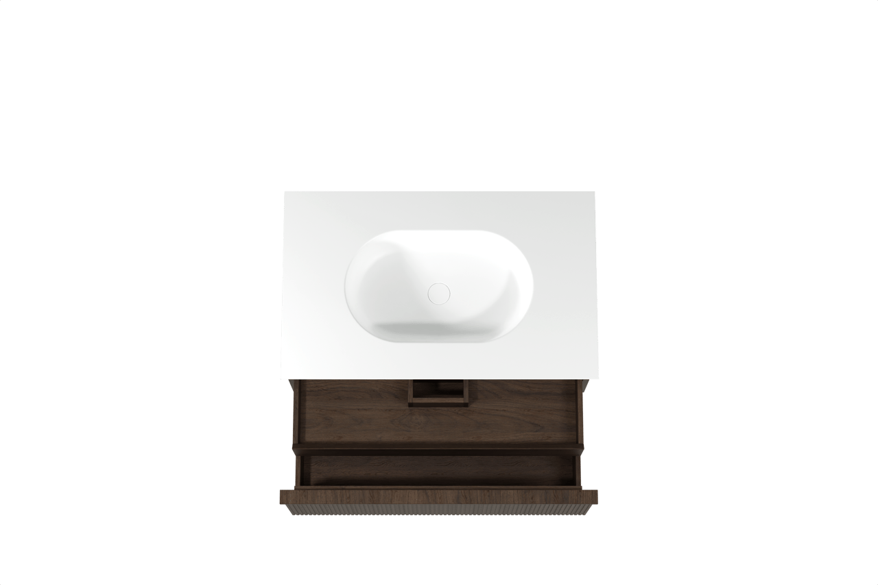 Balmani Forma meuble salle de bains suspendu 90 x 55 cm chêne fumé avec Tablo Oval plan simple en solid surface blanc mat, Nervure droite symétrique verticale