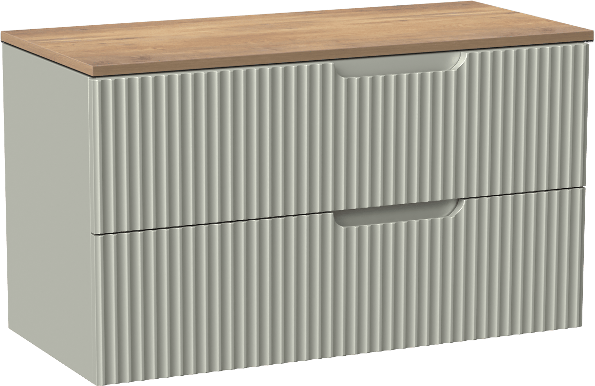 Linie Ribbo zwevend badkamermeubel 100 x 46 cm greige met Lado enkel of dubbel tablet in melamine natuur eik, Verticale symmetrische ronde ribbel