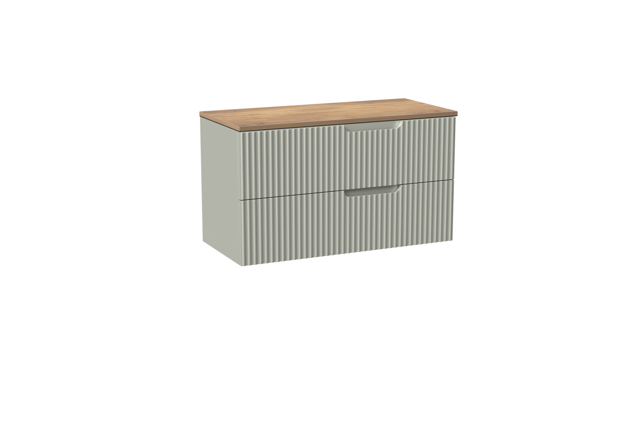 Linie Ribbo hängendes Möbelstück Set: 100 x 46 cm, Greige, mit Lado Einzel- oder Doppel Waschtischplatte, Melamin, Naturbelassene Eiche, Vertikale symmetrische runde Rippe