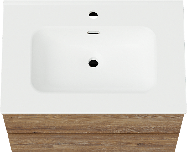 Linie Lado hängendes Möbelstück Set: 70 x 46 cm, Braune Eiche, mit Baro Einzelwaschtisch, Porzellan Weiß matt