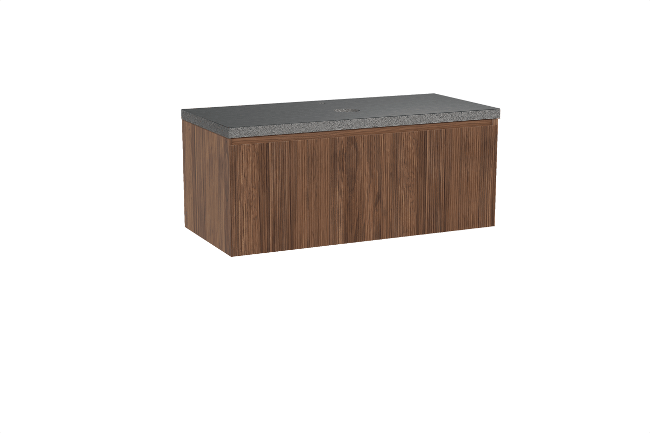 Balmani Fila hängendes Möbelstück Set: 120 x 55 cm, Nussbaum, mit Rock Einzel Waschtischplatte, Granit, Schwarzes Granit, Vertikale symmetrische gerade Rippe