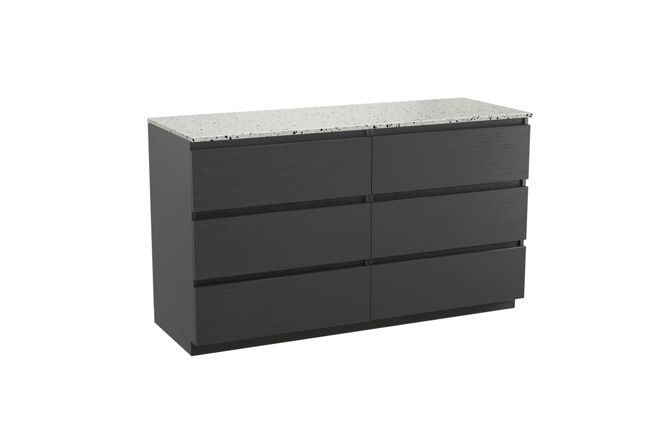 Balmani Lucida staand badkamermeubel 150 x 55 cm zwarte eik met Stretto enkel of dubbel tablet in mat wit/zwart terrazzo