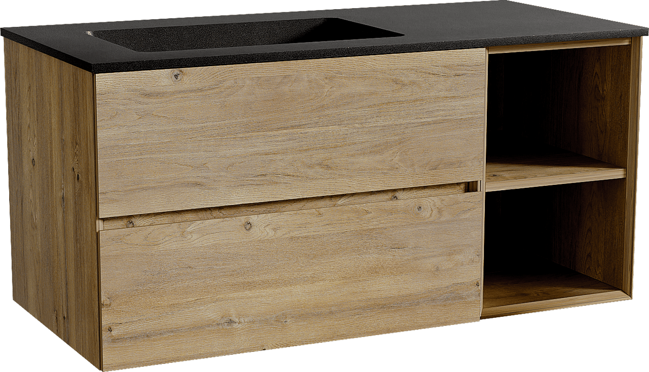 Storke Edge meuble salle de bains suspendu 110 x 52 cm chêne brut avec Scuro plan vasque asymétrique à gauche en quartz noir mat
