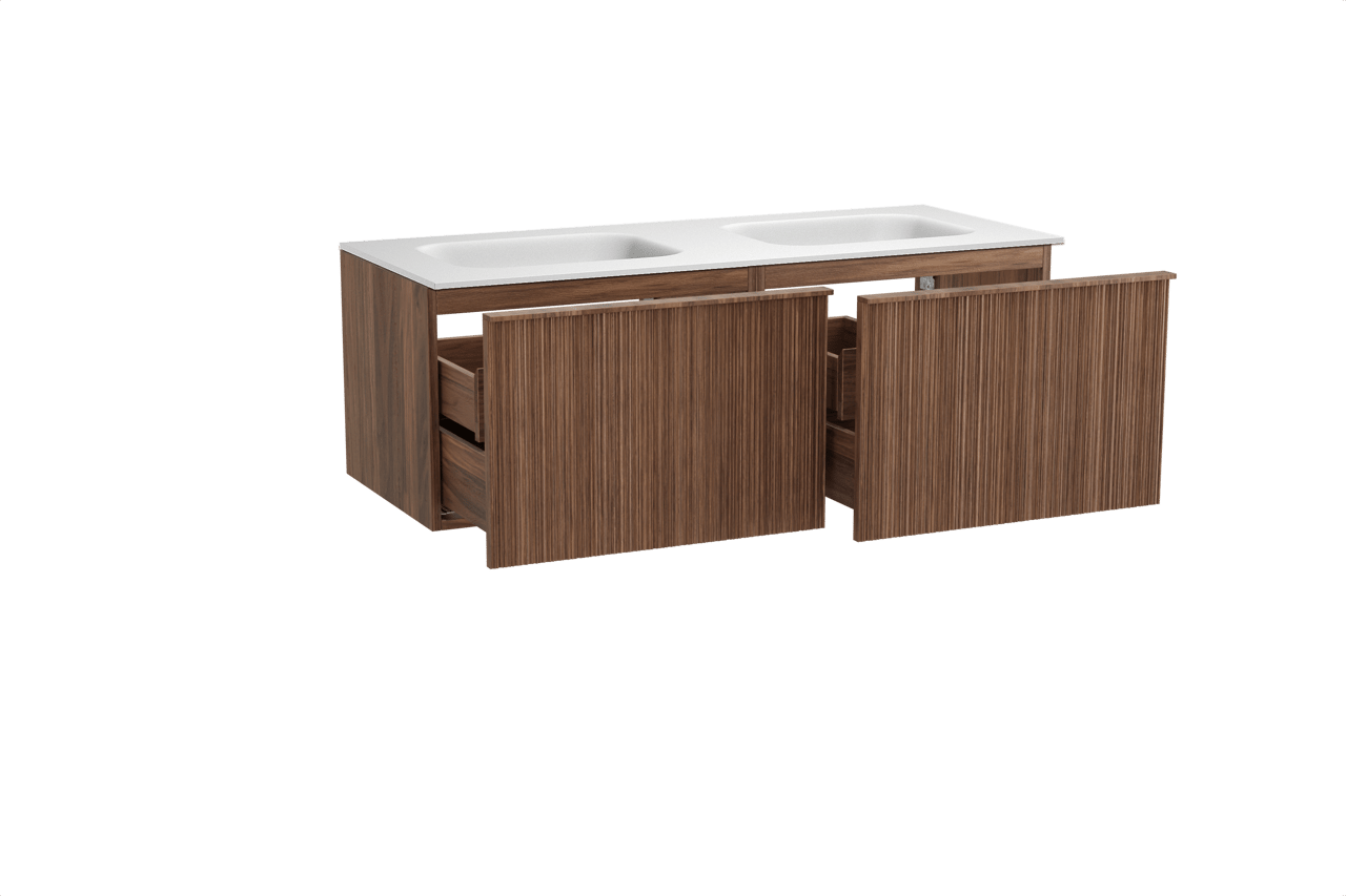 Balmani Forma hängendes Möbelstück Set: 135 x 55 cm, Amerikanischer Nussbaum, mit Tablo Arcato Doppelwaschtisch, Solid Surface, Weiß matt, Vertikale asymmetrische Runde Rippe