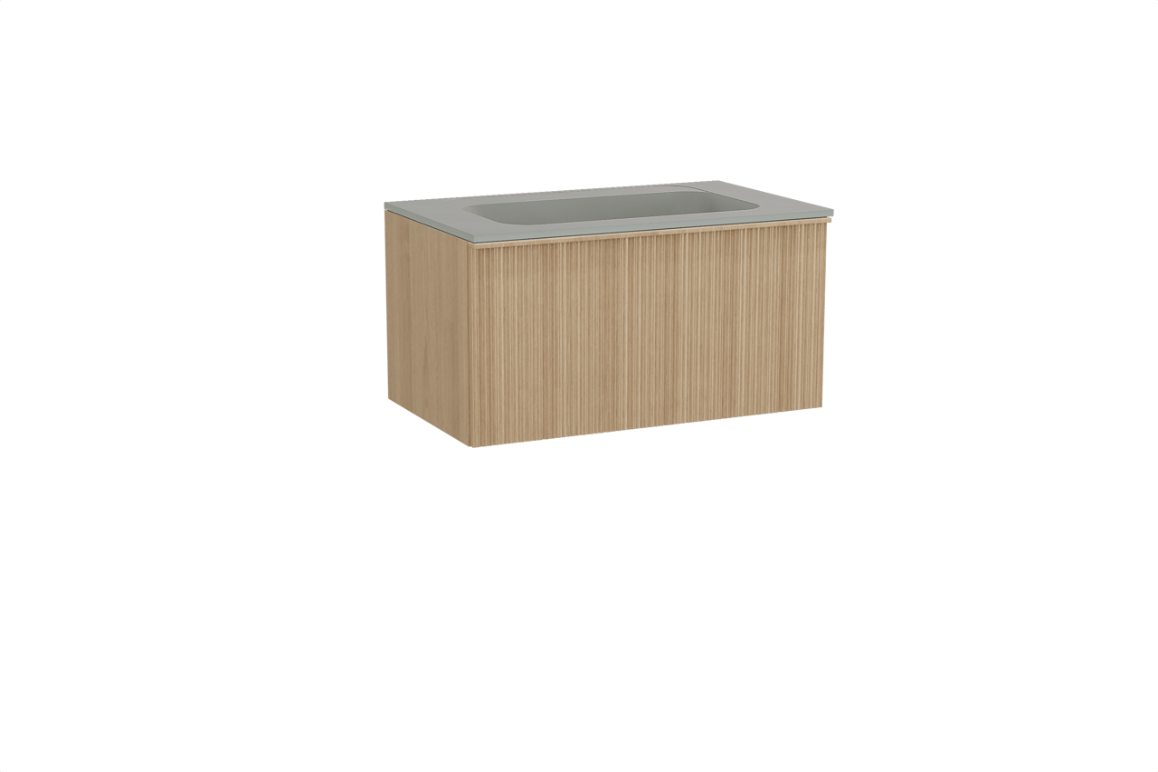 Balmani Forma zwevend badkamermeubel 90 x 55 cm natuur eik met Tablo Strada enkele wastafel in composietmarmer zijdegrijs, Verticale asymmetrische ronde ribbel