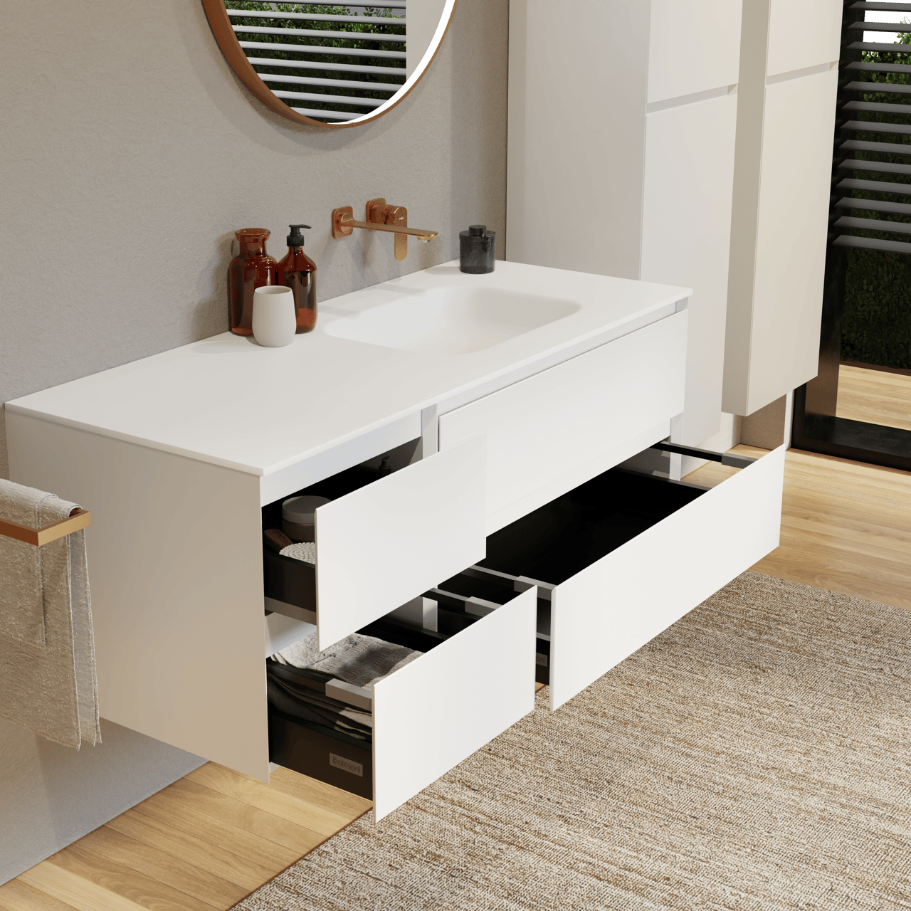 Balmani Mitra meuble salle de bains suspendu 135 x 55 cm blanc mat avec Tablo Arcato plan vasque asymétrique à droite en solid surface blanc mat