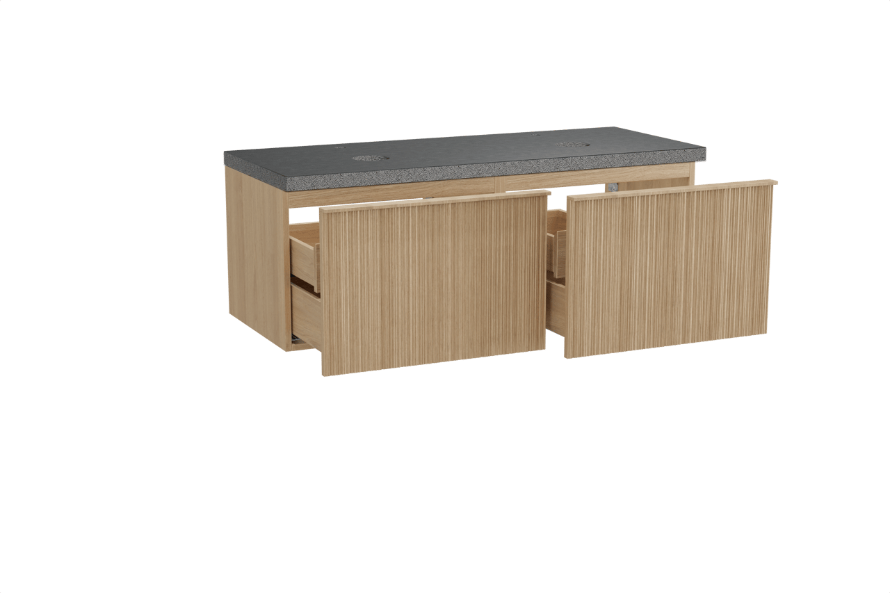 Balmani Forma zwevend badmeubel 135 x 55 cm naturel eiken met Rock dubbel wastafelblad in zwart graniet, Verticale asymmetrische ronde ribbel