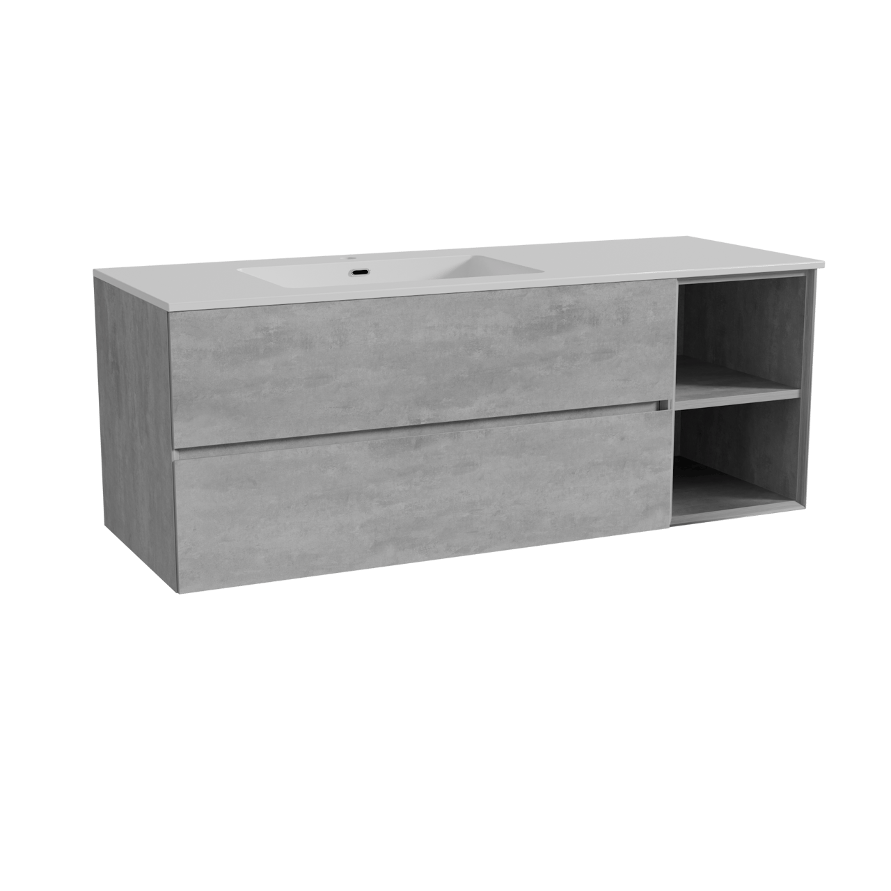 Storke Edge zwevend badmeubel 140 x 52 cm beton donkergrijs met Diva asymmetrisch linkse wastafel in composietmarmer hoogglans wit