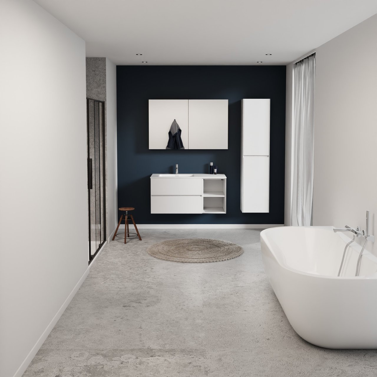 Storke Edge meuble salle de bains suspendu 110 x 52 cm blanc brillant avec Mata plan vasque asymétrique à gauche en solid surface blanc mat