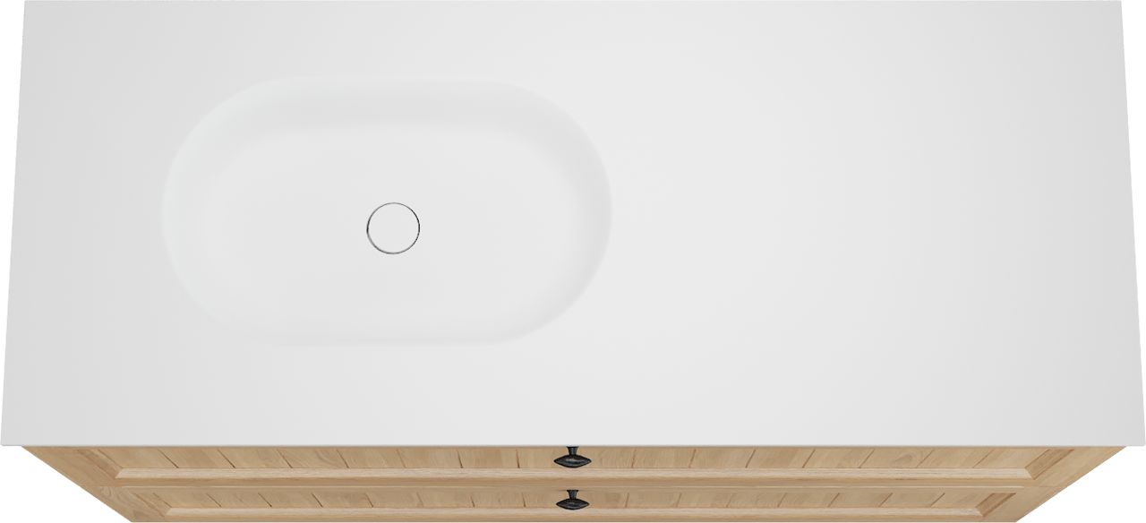 Balmani Lemon freistehendes Möbelstück Set: 135 x 55 cm, Naturbelassene Eiche Furnier, mit Tablo Oval Waschtisch links, Weiß matt