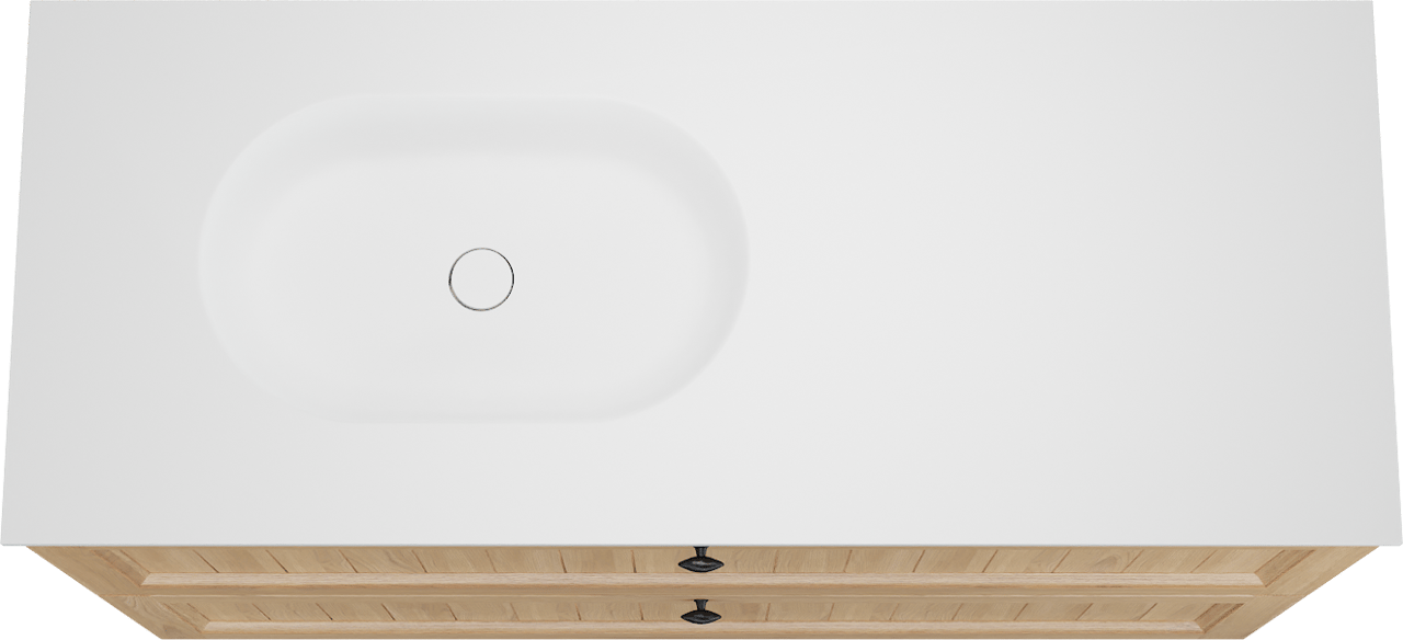 Balmani Lemon staand badkamermeubel 135 x 55 cm, fineer natuur eik met Tablo Oval asymmetrisch linkse wastafel in mat wit