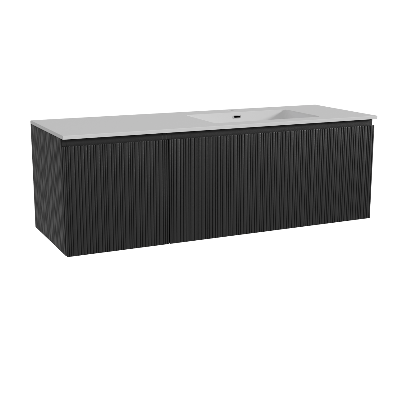 Storke Ribs hängendes Möbelstück Set: 150 x 52 cm, Schwarze Eiche, mit Diva Waschtisch rechts, Marmorkomposit, Weiß glänzend, Vertikale asymmetrische gerade Rippe
