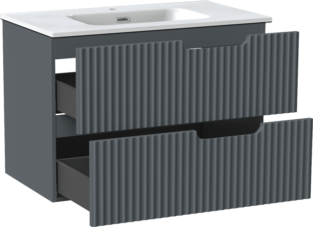 Linie Ribbo meuble salle de bains suspendu 80 x 46 cm bleu anthracite avec Baro plan simple en porcelaine blanc brillant, Nervure circulaire symétrique verticale