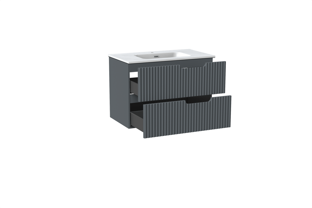 Linie Ribbo hängendes Möbelstück Set: 80 x 46 cm, Anthrazitblau, mit Baro Einzelwaschtisch, Porzellan, Weiß glänzend, Vertikale symmetrische runde Rippe