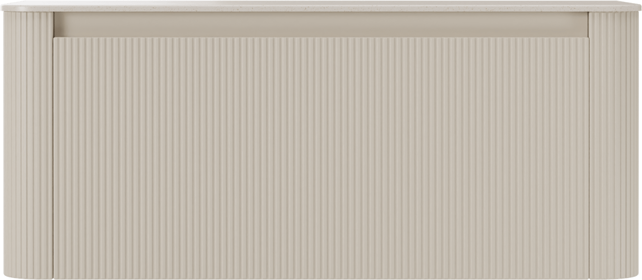 Storke Soft hängendes Möbelstück Set: 120 x 46 cm, Sand Matt, mit Tavola Soft Einzel- oder Doppel Waschtischplatte Solid Surface Beige Granit, Vertikale symmetrische gerade Rippe