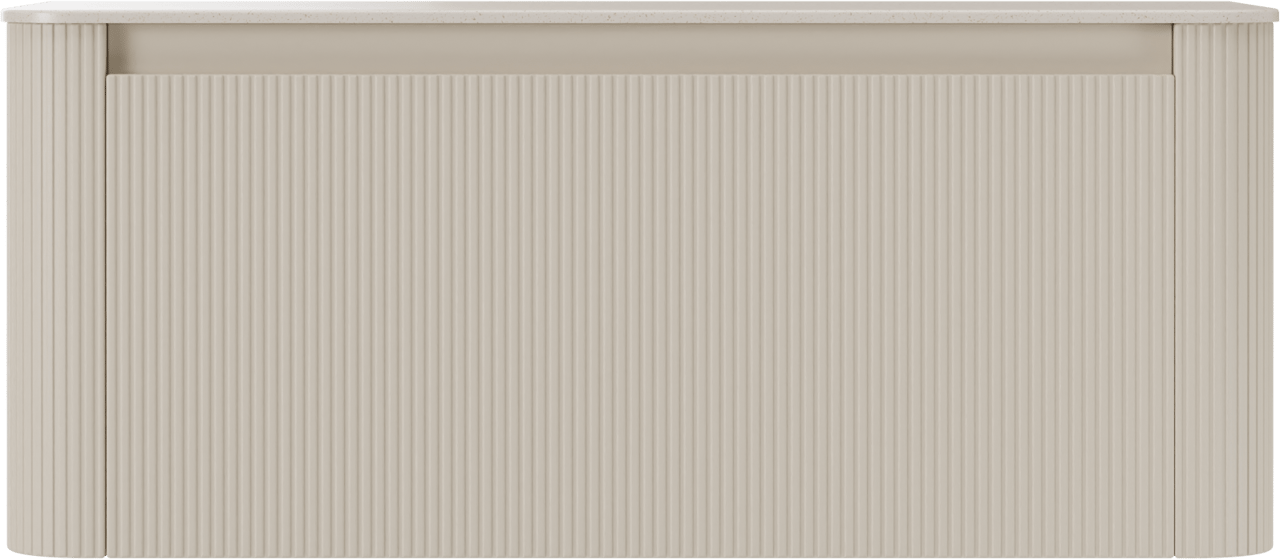 Storke Soft zwevend badkamermeubel 120 x 46 cm Sand mat met Tavola Soft enkele of dubbele tablet in solid surface beige granita, Verticale symmetrische rechte ribbel