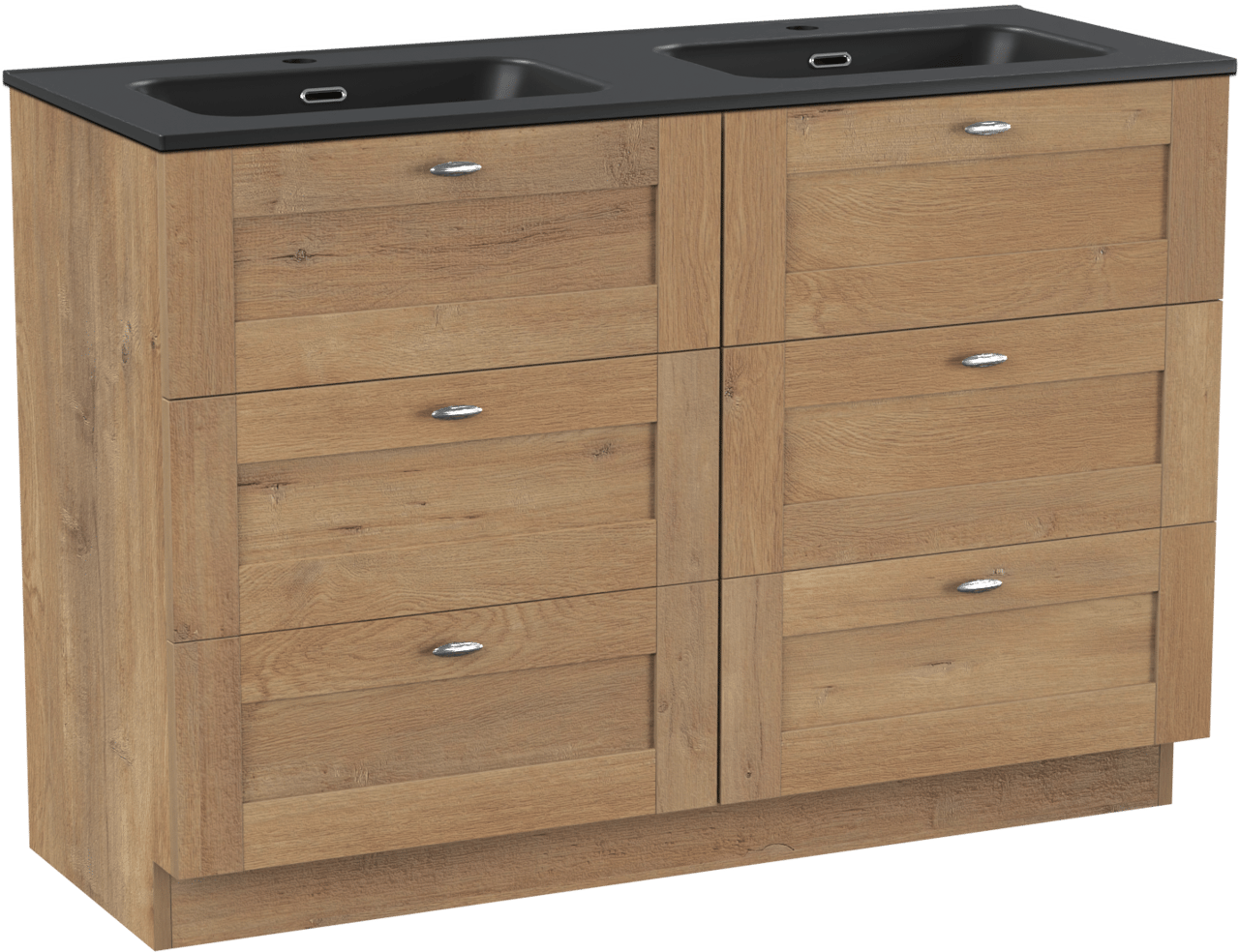 Linie Classo freistehendes Möbelstück Set: 120 x 46 cm, Naturbelassene Eiche, mit Baro Doppelwaschtisch, Porzellan Schwarz matt