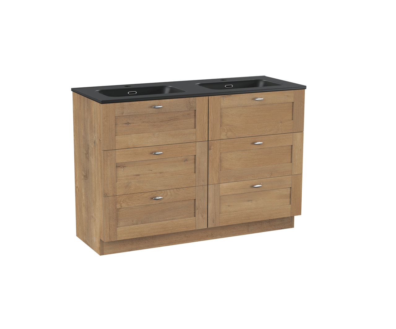 Linie Classo freistehendes Möbelstück Set: 120 x 46 cm, Naturbelassene Eiche, mit Baro Doppelwaschtisch, Porzellan Schwarz matt