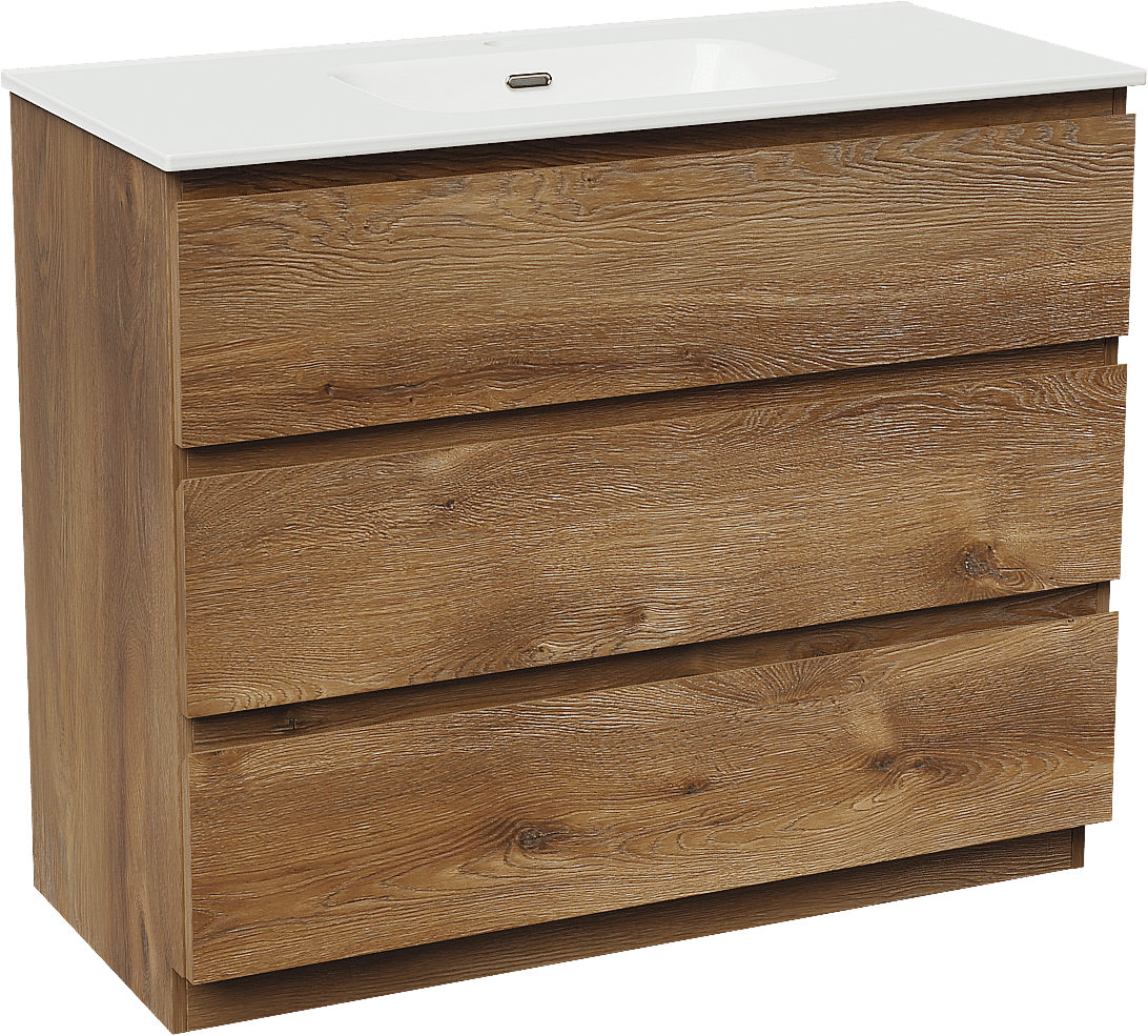 Linie Lado freistehendes Möbelstück Set: 100 x 46 cm, Braune Eiche, mit Baro Einzelwaschtisch, Porzellan Weiß glänzend