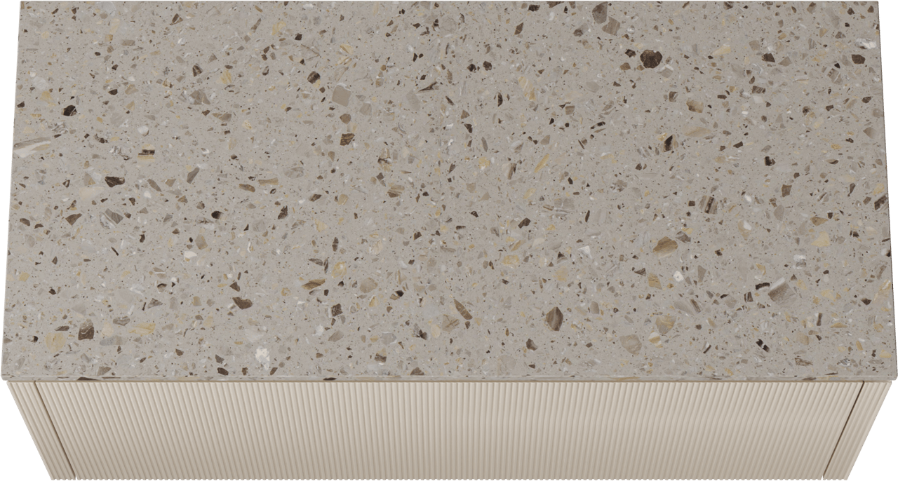 Balmani Eclips meuble salle de bains suspendu 120 x 55 cm Sandbeige avec Stretto tablette simple ou double vasque en Terrazzo greige, Nervure droite symétrique verticale