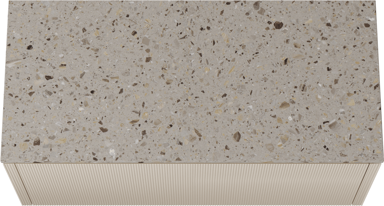 Balmani Eclips hängendes Möbelstück Set: 120 x 55 cm, Sandbeige, mit Stretto Einzel- oder Doppel Waschtischplatte Greige Terrazzo, Vertikale symmetrische gerade Rippe