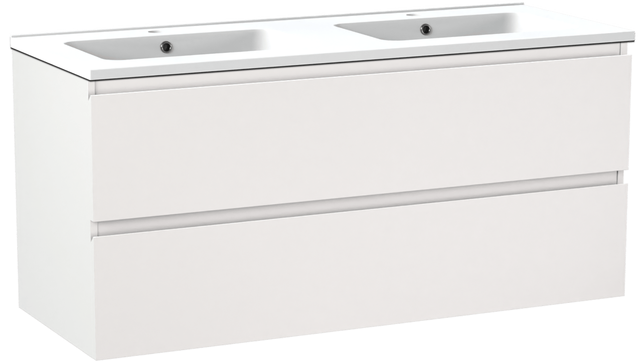 Linie Lado meuble salle de bains suspendu 120 x 46 cm blanc mat avec Vano double vasque en marbre composite blanc mat