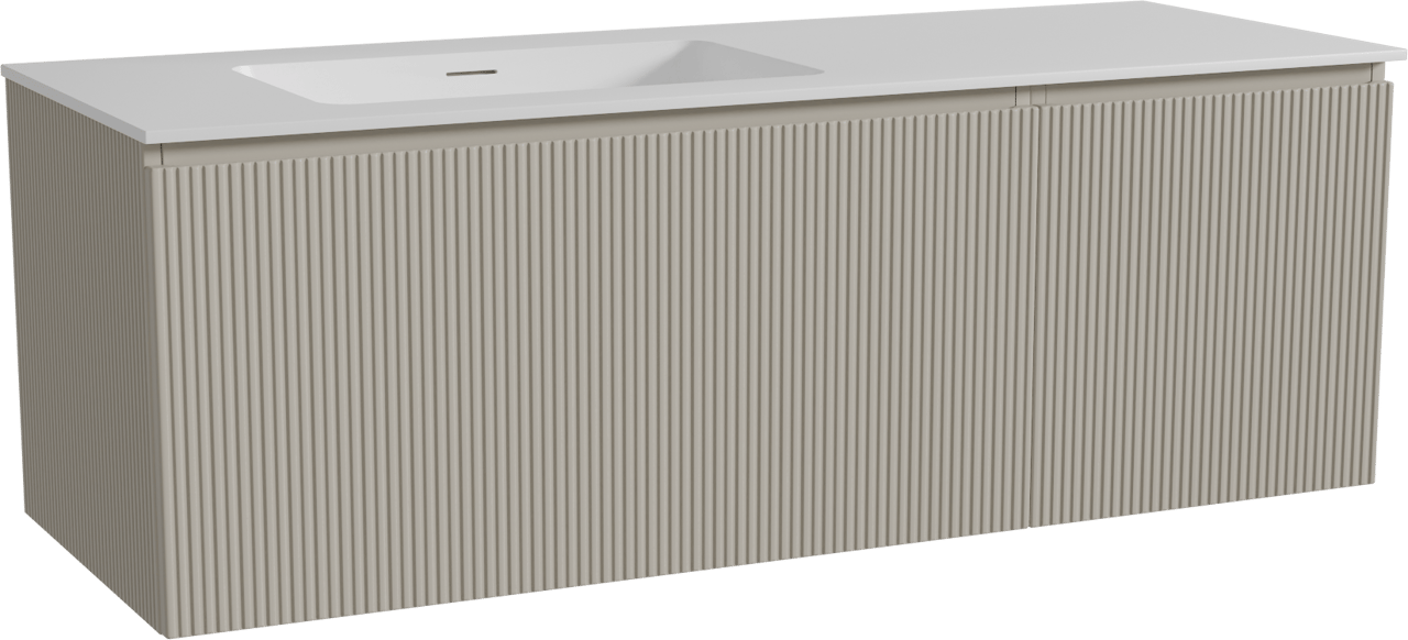 Storke Ribs hängendes Möbelstück Set: 140 x 52 cm, Seidengrau, mit Mata Waschtisch links, Solid Surface, Weiß matt, Vertikale symmetrische gerade Rippe