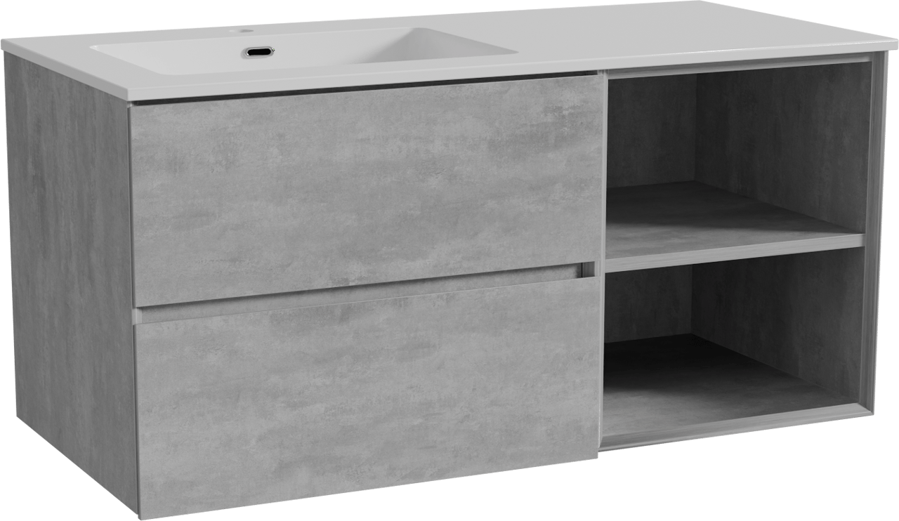 Storke Edge zwevend badmeubel 110 x 52 cm beton donkergrijs met Diva asymmetrisch linkse wastafel in composietmarmer hoogglans wit