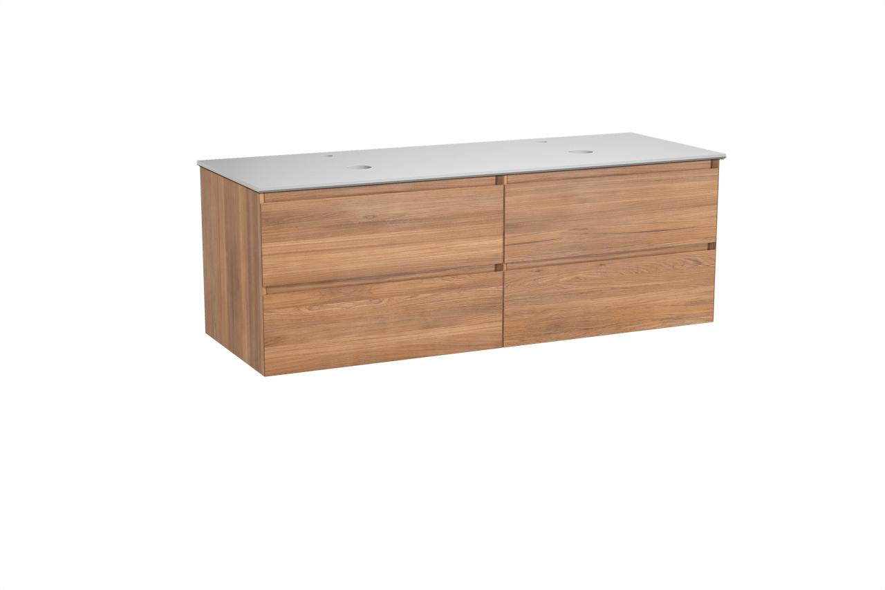 Balmani Mitra hängendes Möbelstück Set: 150 x 55 cm, Teak, mit Facetta Doppel Waschtischplatte, Solid Surface Weiß matt