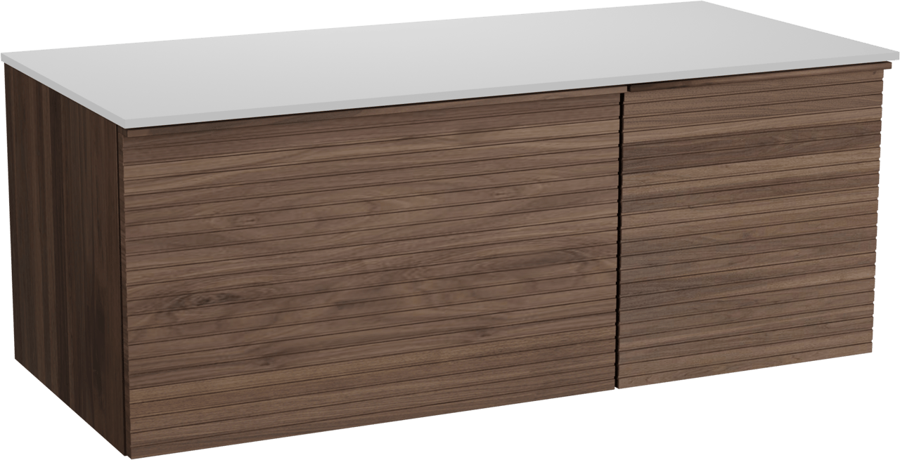 Balmani Forma zwevend badkamermeubel 120 x 55 cm amerikaanse notelaar met Stretto enkel of dubbel tablet in solid surface mat wit, Horizontale symmetrische rechte ribbel