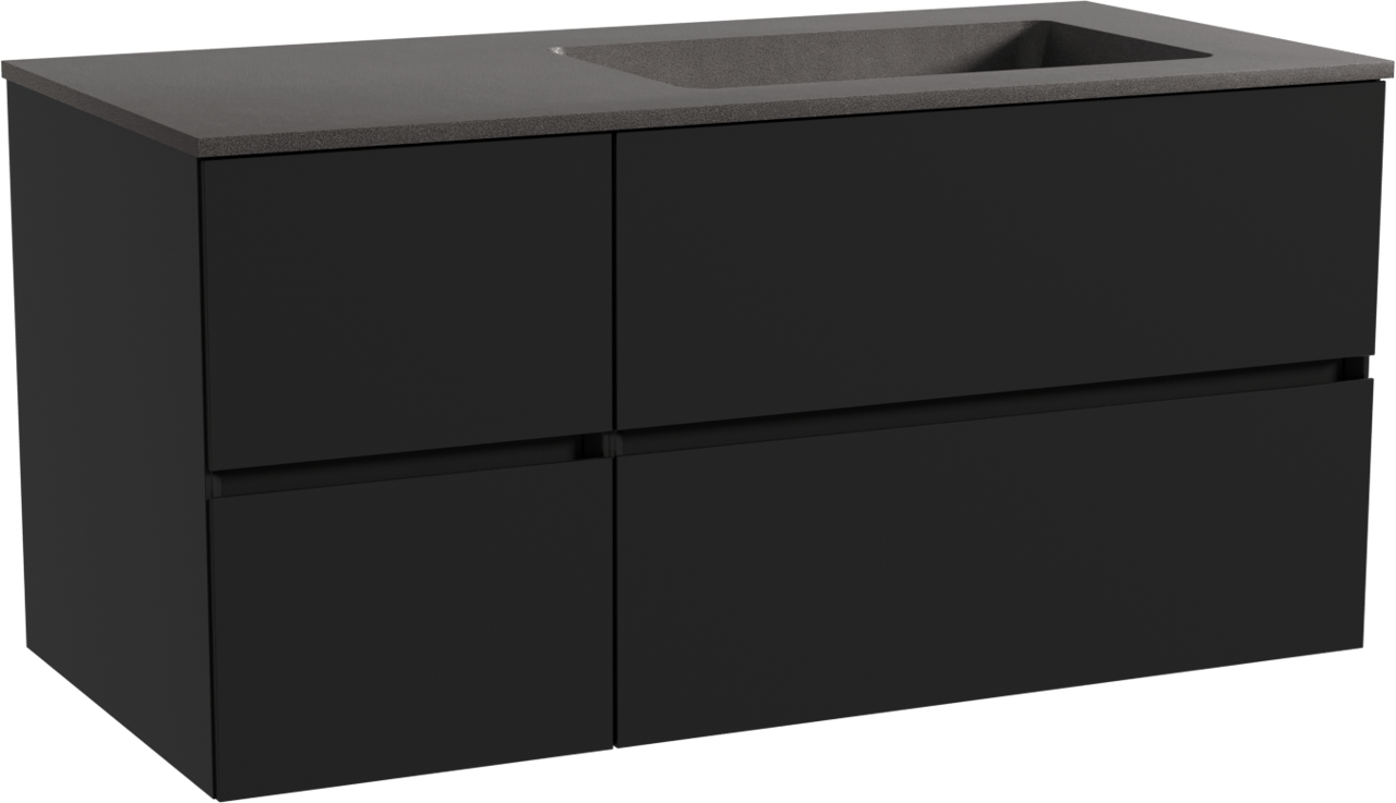 Storke Edge zwevend badmeubel 110 x 52 cm mat zwart met Scuro asymmetrisch rechtse wastafel in kwarts mat zwart