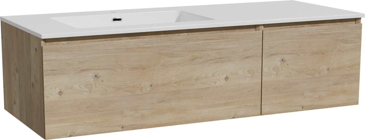 Storke Edge zwevend badkamermeubel 130 x 52 cm ruwe eik met Diva asymmetrisch linkse wastafel in composietmarmer glanzend wit