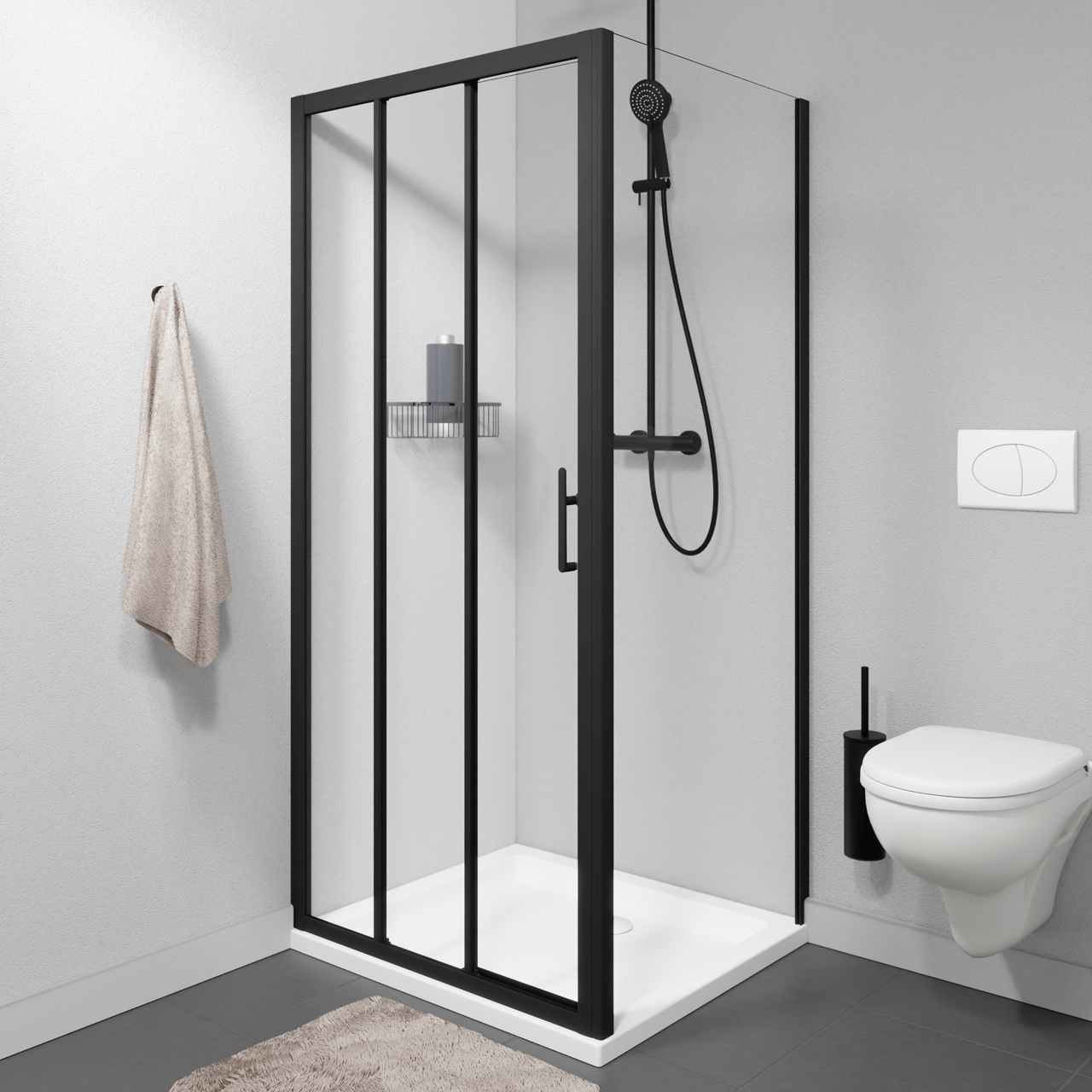 Linie Cadiz Eckdusche dreiteilige Schiebetür mit fixierter Seitenwand, 100 x 70 cm, Klarglas, Profil Schwarz