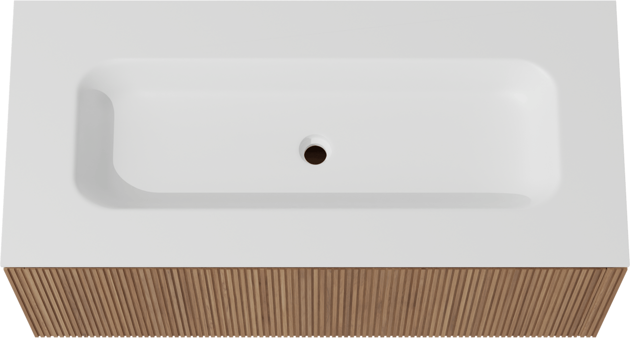 Balmani Eclips meuble salle de bains suspendu 120 x 55 cm Teck avec Tablo Arcato plan simple pour 2 trous de robinet en Solid Surface blanc mat, Nervure droite symétrique verticale