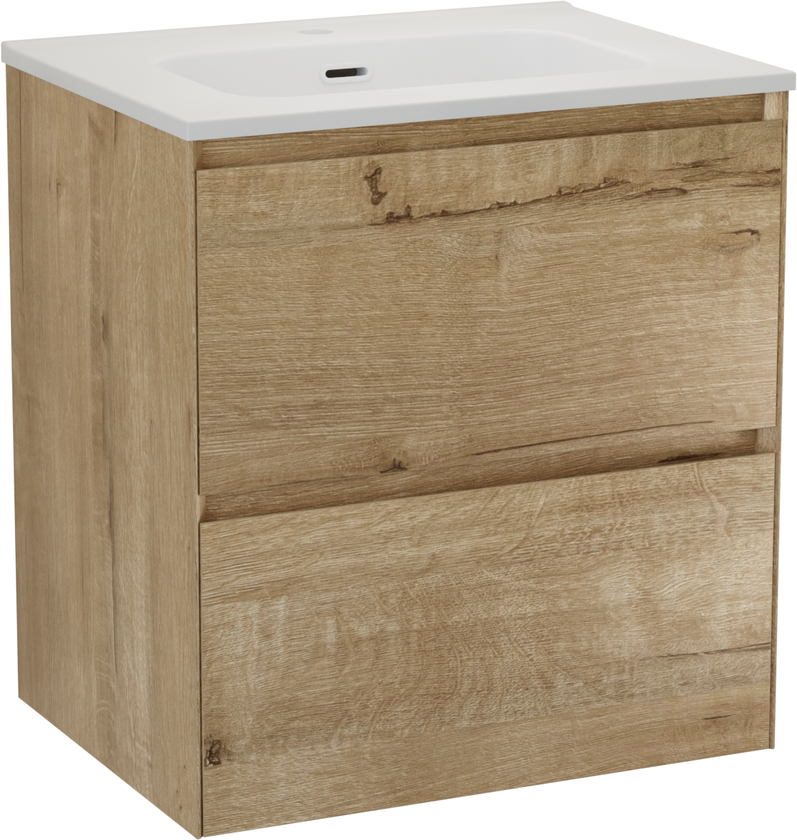 Balmani Mitra Compact hängendes Möbelstück Set: 60 x 46 cm, Eiche Rau, mit Nostra Einzelwaschtisch Keramik Weiβ matt