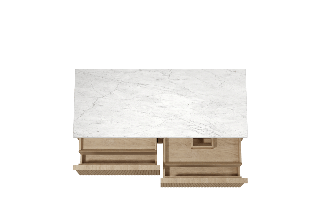 Balmani Forma hängendes Möbelstück Set: 135 x 55 cm, Naturbelassene Eiche, mit Stretto Einzel- oder Doppel Waschtischplatte, Marmor, Carrara, Vertikale symmetrische gerade Rippe