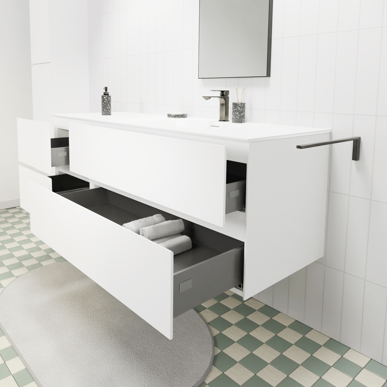 Storke Edge zwevend badmeubel 150 x 52 cm mat wit met Mata asymmetrisch rechtse wastafel in solid surface mat wit