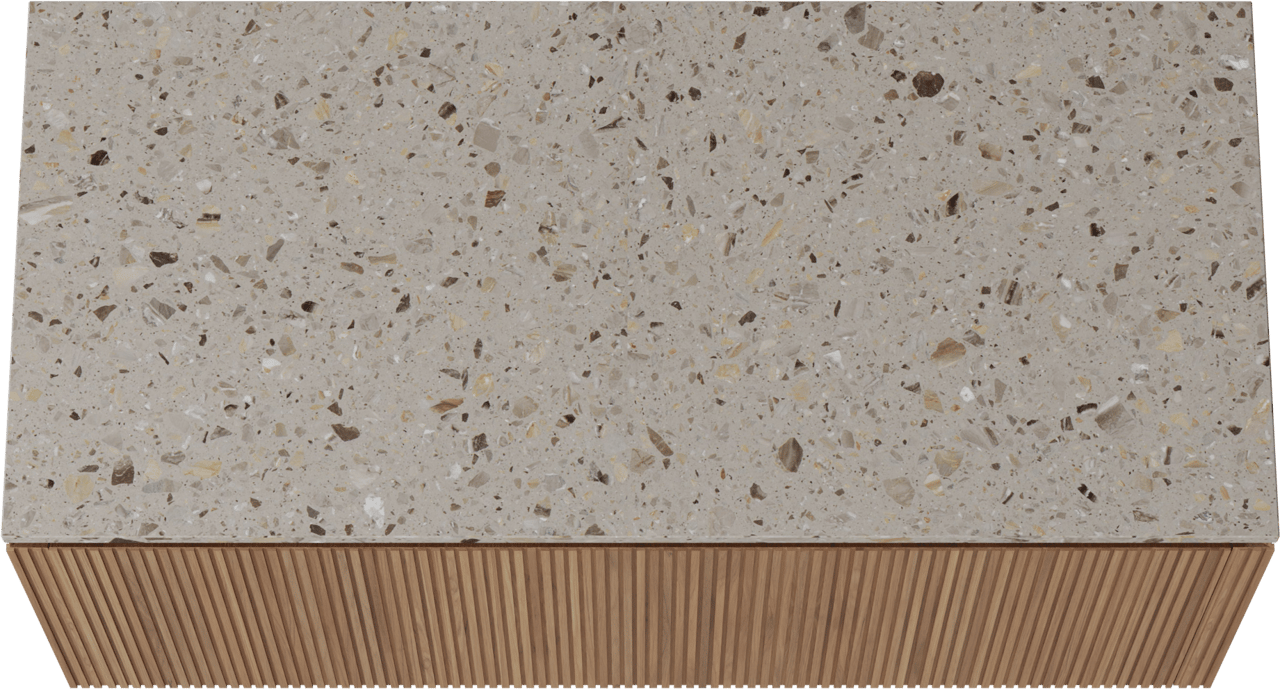 Balmani Eclips hängendes Möbelstück Set: 120 x 55 cm, Teak, mit Stretto Einzel- oder Doppel Waschtischplatte Greige Terrazzo, Vertikale symmetrische gerade Rippe