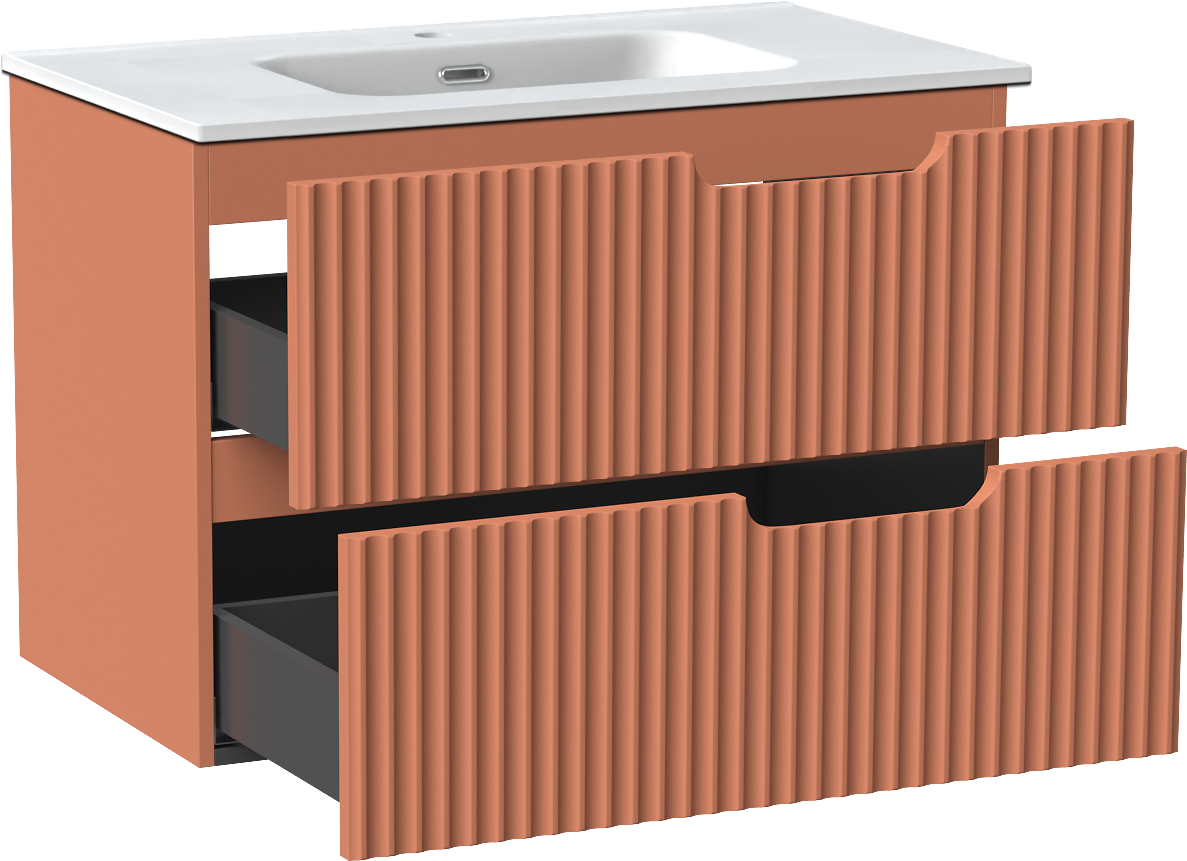 Linie Ribbo hängendes Möbelstück Set: 80 x 46 cm, Cotto, mit Baro Einzelwaschtisch, Porzellan, Weiß matt, Vertikale symmetrische runde Rippe