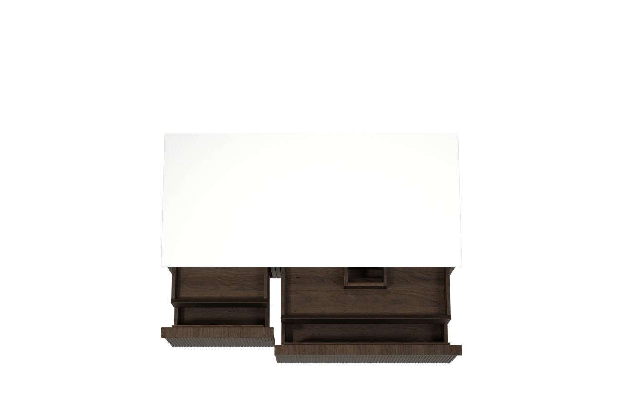 Balmani Forma meuble salle de bains suspendu 120 x 55 cm chêne fumé avec Stretto tablette simple ou double en solid surface blanc mat, Nervure droite symétrique verticale