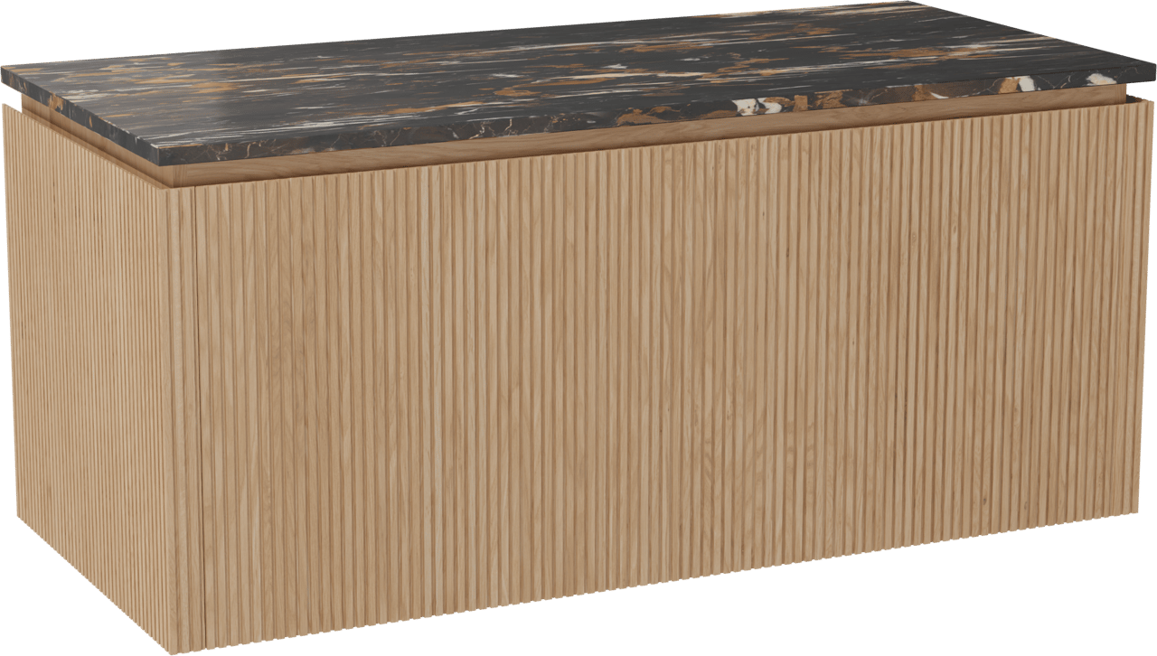 Balmani Eclips hängendes Möbelstück Set: 120 x 55 cm, Eiche Natur, mit Stretto Einzel Waschtischplatte Portoro Gold Marmor, Vertikale symmetrische gerade Rippe