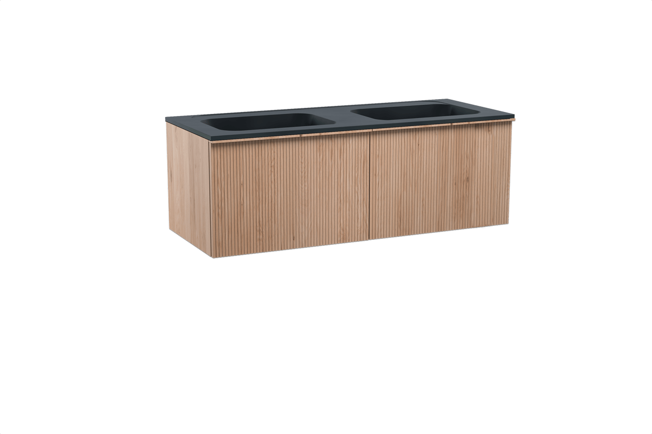 Balmani Forma zwevend badkamermeubel 135 x 55 cm natuur eik met Tablo Strada dubbele wastafel in composietmarmer mat zwart, Verticale symmetrische rechte ribbel