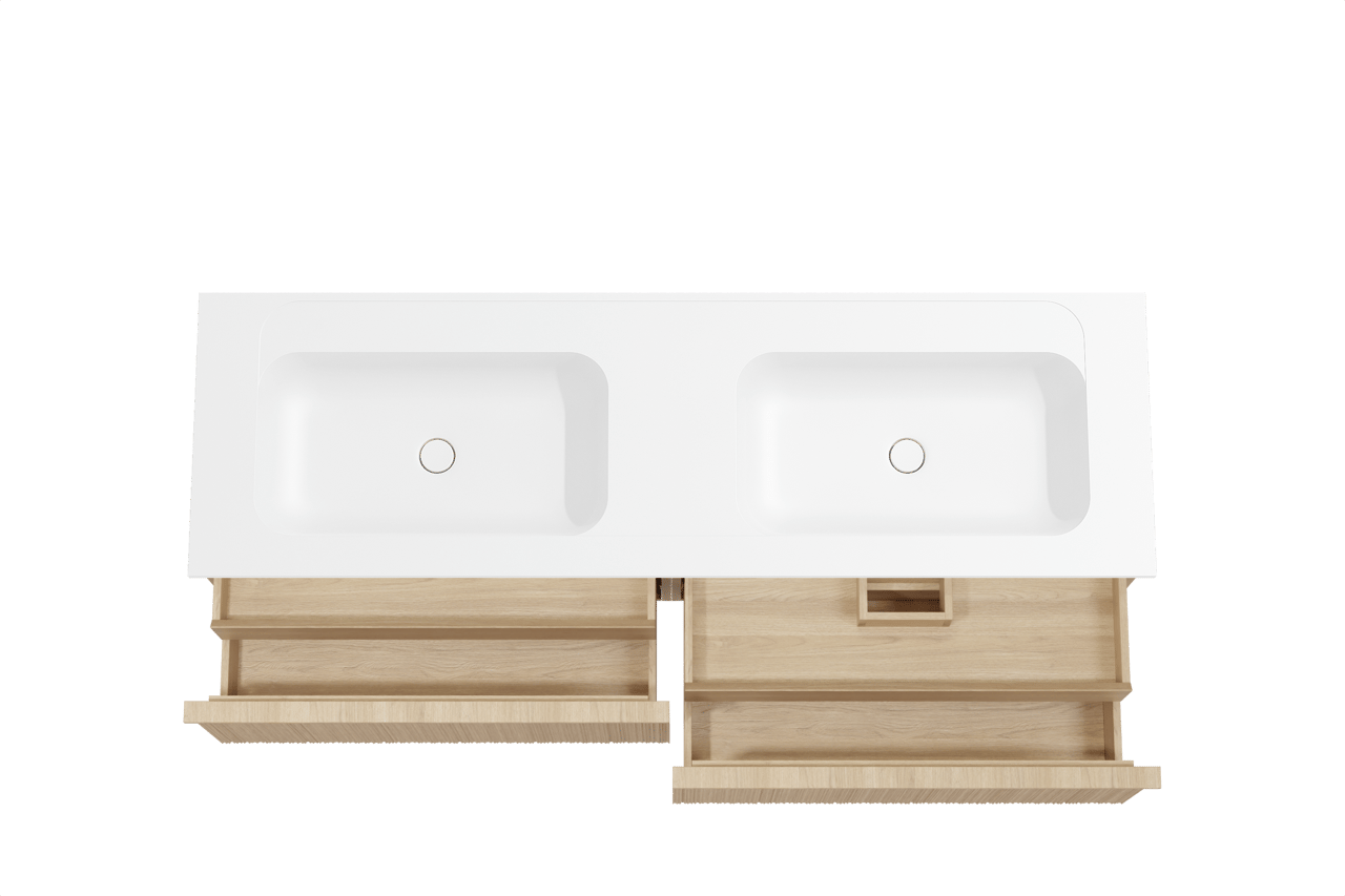 Balmani Forma hängendes Möbelstück Set: 180 x 55 cm, Naturbelassene Eiche, mit Tablo Strada Doppelwaschtisch, Marmorkomposit, Weiß matt, Vertikale asymmetrische Runde Rippe