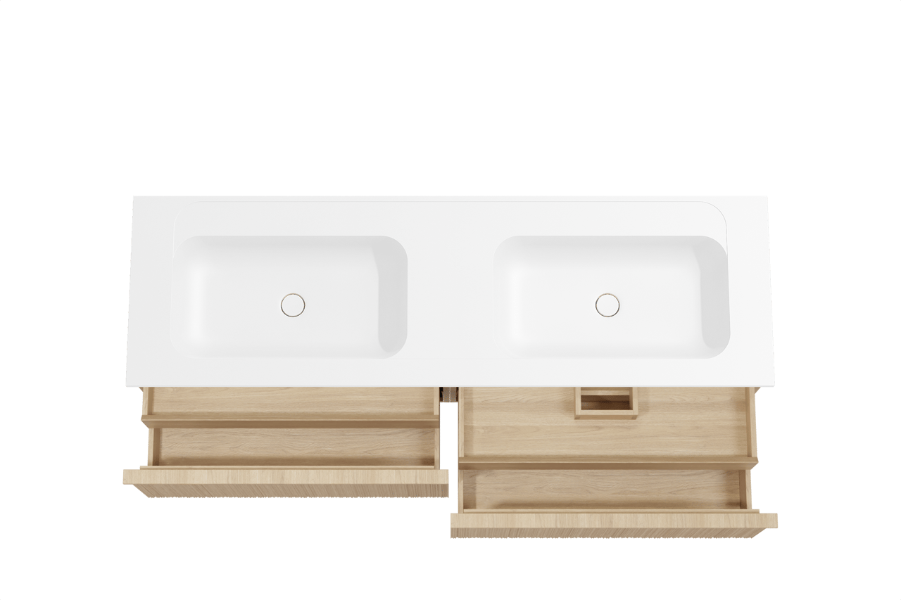 Balmani Forma hängendes Möbelstück Set: 180 x 55 cm, Naturbelassene Eiche, mit Tablo Strada Doppelwaschtisch, Marmorkomposit, Weiß matt, Vertikale asymmetrische Runde Rippe