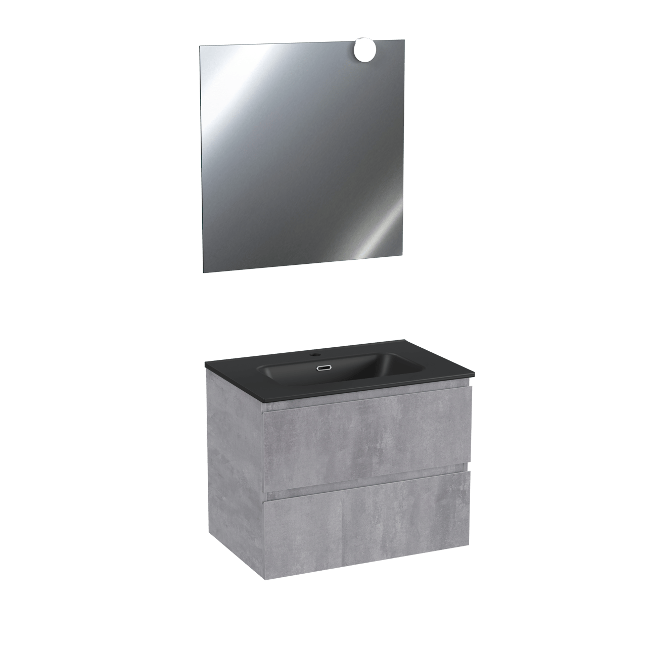 Linie Lado zwevend badkamermeubel 70 x 46 cm beton donkergrijs met Baro enkele wastafel in mat zwarte porselein en Vista spiegel met Globe verlichting