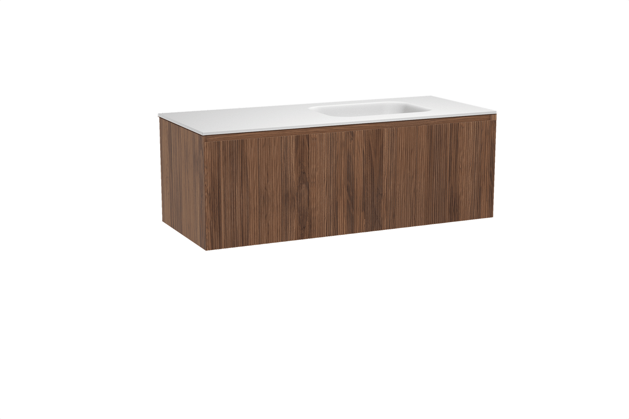 Balmani Fila hängendes Möbelstück Set: 135 x 55 cm, Nussbaum, mit Tablo Arcato Waschtisch rechts, Solid Surface, Weiß matt, Vertikale symmetrische gerade Rippe