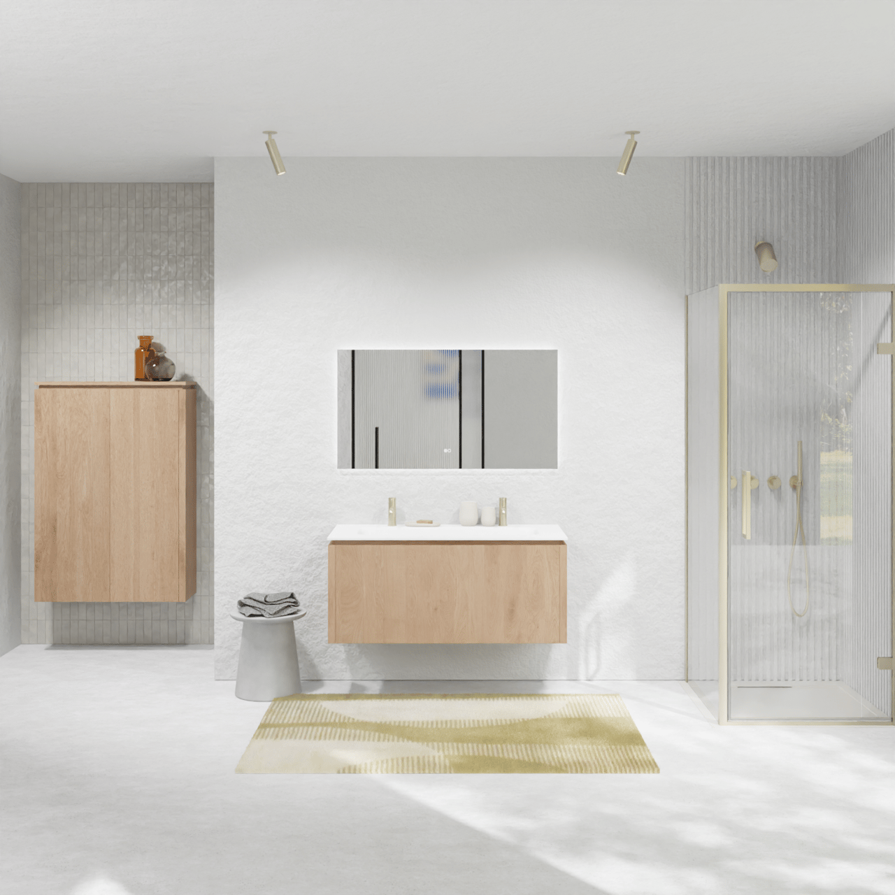 Balmani Eclips zwevend badkamermeubel 120 x 55 cm Natuur eik met Tablo Arcato enkele wastafel in Solid Surface mat wit