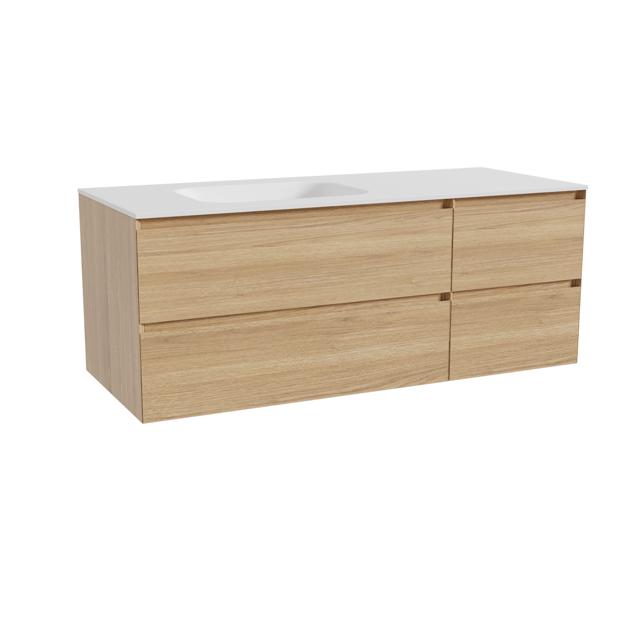 Balmani Mitra hängendes Möbelstück Set: 135 x 55 cm, Naturbelassene Eiche, mit Tablo Arcato Waschtisch links, Solid Surface Weiß matt