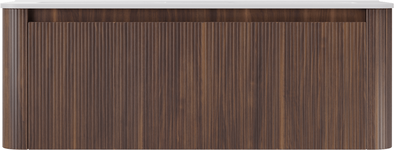 Storke Soft meuble salle de bains suspendu 140 x 46 cm noyer avec Kera Soft double vasque en porcelaine blanc mat, Nervure droite symétrique verticale
