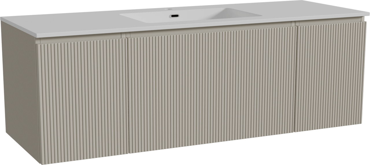 Storke Ribs zwevend badmeubel 145 x 52 cm zijdegrijs met Diva enkele wastafel in composietmarmer hoogglans wit, Verticale symmetrische rechte ribbel